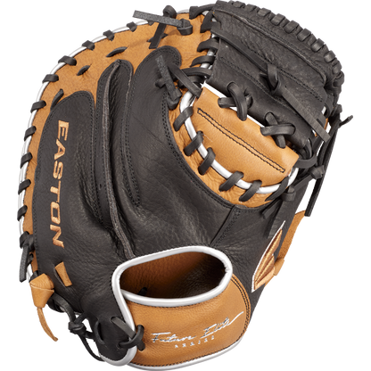 The Easton Future Elite 32.5" Baseball Catcher's Mitt (FE2325) by Easton is shown in brown and black with white stitching, black laces, and an open pocket against a plain white background.