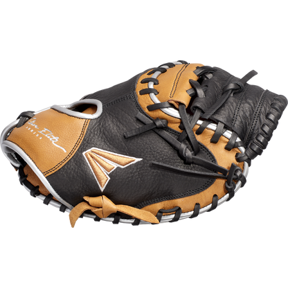 The Easton Future Elite 32.5" Baseball Catcher's Mitt: FE2325, in black and tan with black laces, white stitching, and a stylized logo, is ideal for youth catchers.