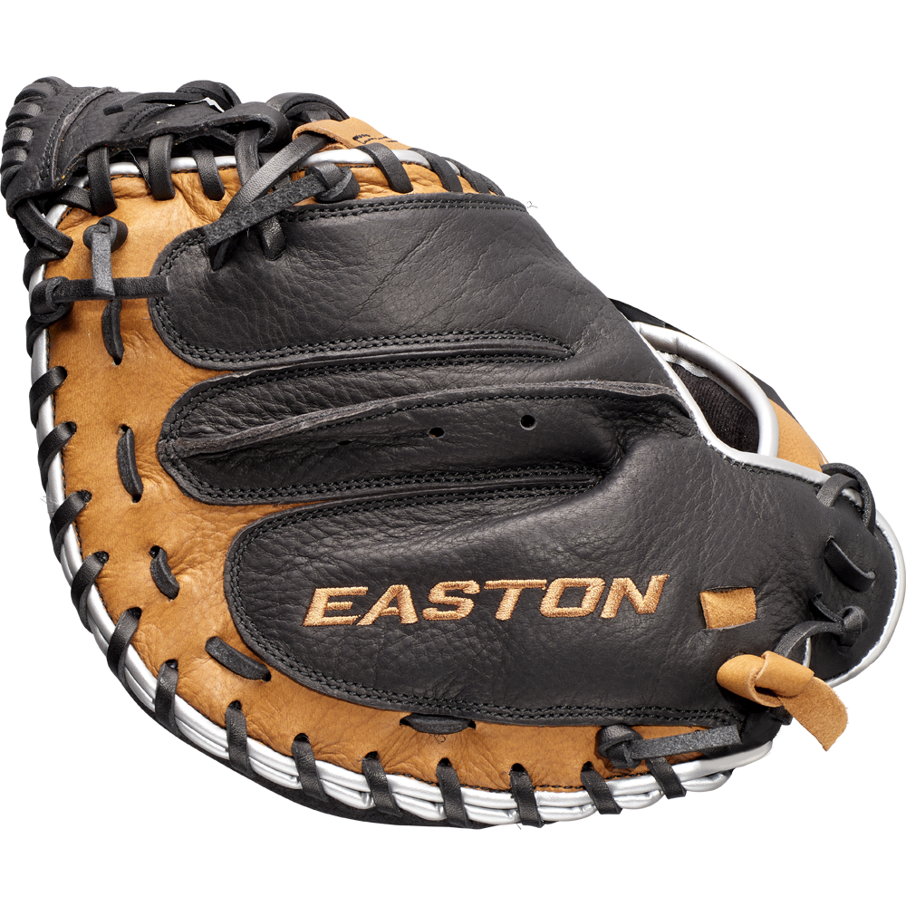The Easton Future Elite 32.5" Baseball Catcher's Mitt (FE2325) is black and tan with "Easton" in gold on the palm, black laces, and an open web design.