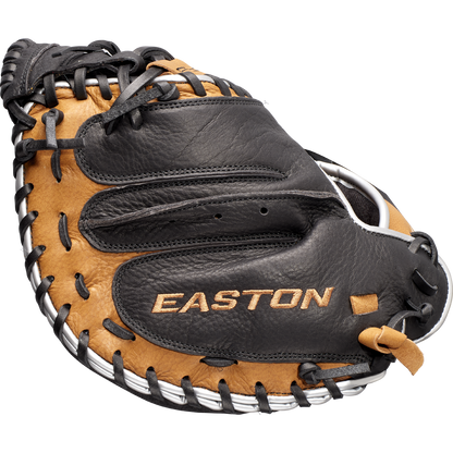 The Easton Future Elite 32.5" Baseball Catcher's Mitt (FE2325) is black and tan with "Easton" in gold on the palm, black laces, and an open web design.
