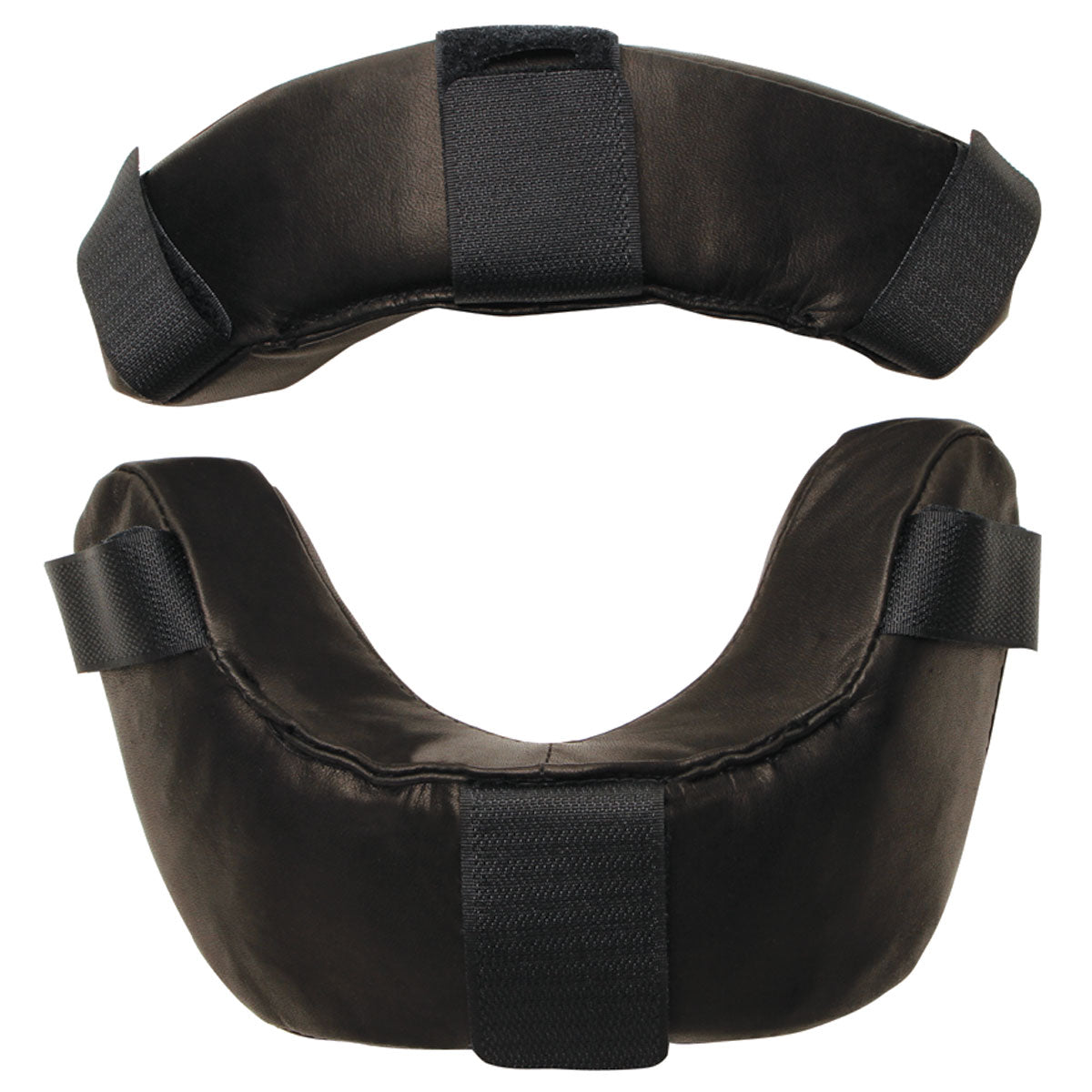 Two black Diamond FM-RP LEATHER full-grain leather replacement pads for umpire masks, shown from different angles on a white background—pro-style pads with adjustable straps for enhanced comfort.