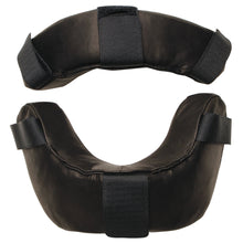 Two black Diamond FM-RP LEATHER full-grain leather replacement pads for umpire masks, shown from different angles on a white background—pro-style pads with adjustable straps for enhanced comfort.