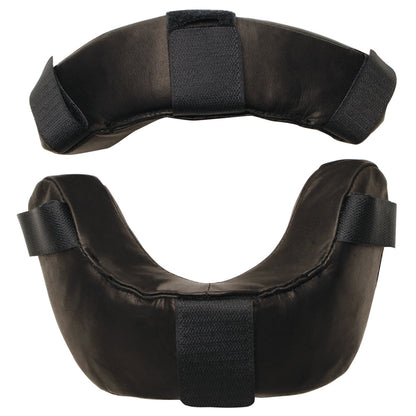 Two black Diamond FM-RP LEATHER full-grain leather replacement pads for umpire masks, shown from different angles on a white background—pro-style pads with adjustable straps for enhanced comfort.