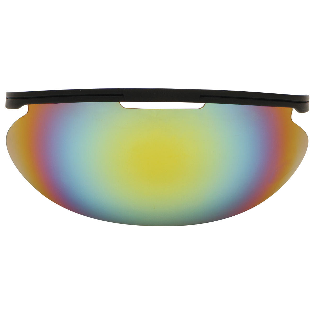 The Diamond Sun Visor for Umpire Masks (FM-VISOR) features a single visor-style lens with a black frame and an iridium, mirrored rainbow tint reflecting yellow, green, blue, and red hues.