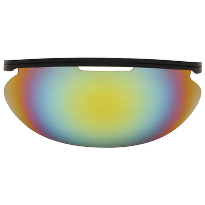 The Diamond Sun Visor for Umpire Masks (FM-VISOR) features a single visor-style lens with a black frame and an iridium, mirrored rainbow tint reflecting yellow, green, blue, and red hues.