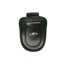 The Diamond Catcher's Throat Guard: FM-TG by Diamond is a black padded leather pouch with stitched borders, flap closure with button snap, and a small diamond-shaped metal logo on the front. Fits 4" or 6" throat guards.