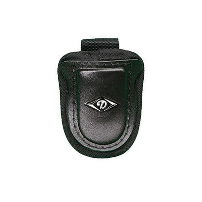The Diamond Catcher's Throat Guard: FM-TG by Diamond is a black padded leather pouch with stitched borders, flap closure with button snap, and a small diamond-shaped metal logo on the front. Fits 4" or 6" throat guards.