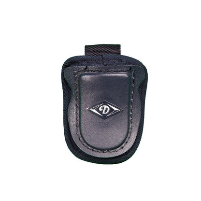 The Diamond Catcher's Throat Guard: FM-TG by Diamond is a black pouch with a front flap and diamond-shaped logo, featuring a button snap. Approx. 6 inches, it’s likely leather and fabric, shown against a white background.