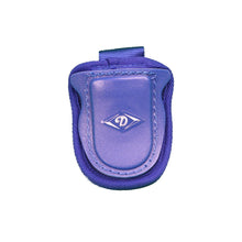 The Diamond Catcher's Throat Guard: FM-TG by Diamond is a small, purple, padded pouch with a shiny front flap and diamond-shaped logo, featuring a secure button snap attachment, shown against a white background.