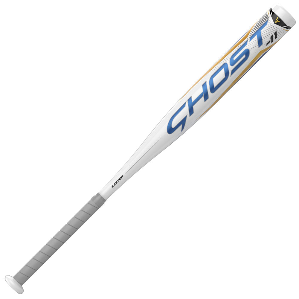 The 2022 Easton Ghost Youth -11 Fastpitch Softball Bat (FP22GHY11) features a white and silver design with large blue GHOST lettering, gold and black accents, a gray grip handle, and an easy-swing -11 drop.