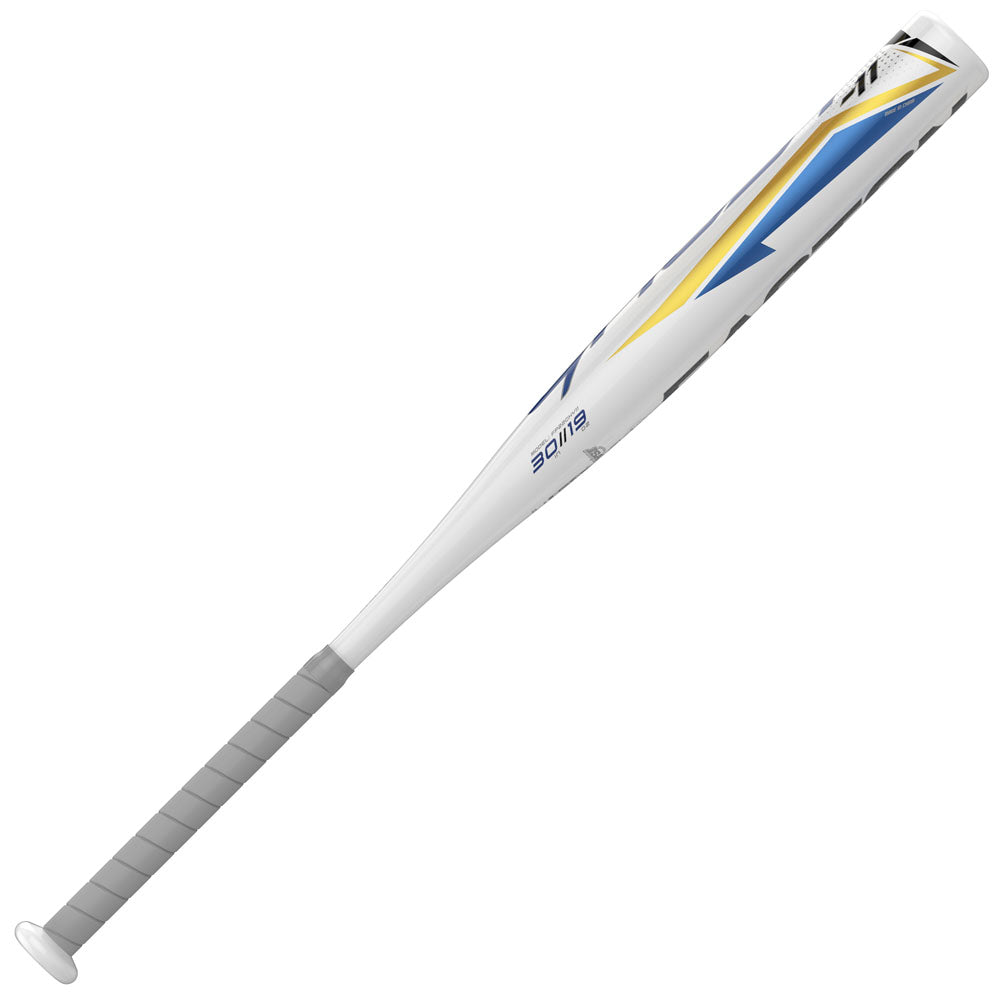The 2022 Easton Ghost Youth -11 Fastpitch Softball Bat (FP22GHY11) by Easton features a blue and yellow design and durable ALX50 aluminum, making it ideal for fastpitch softball players.