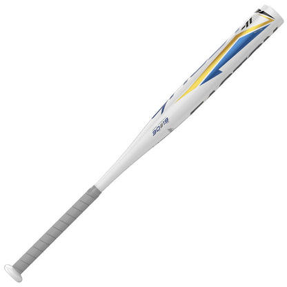 The 2022 Easton Ghost Youth -11 Fastpitch Softball Bat (FP22GHY11) by Easton features a blue and yellow design and durable ALX50 aluminum, making it ideal for fastpitch softball players.