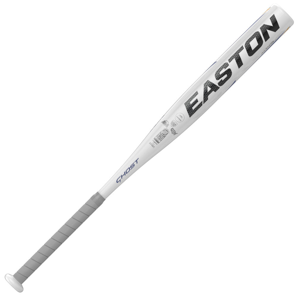 The 2022 Easton Ghost Youth -11 Fastpitch Softball Bat (FP22GHY11) features a white and gray design, bold black EASTON barrel lettering, GHOST near the handle, a gray grip, and durable ALX50 aluminum construction.