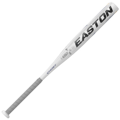 The 2022 Easton Ghost Youth -11 Fastpitch Softball Bat (FP22GHY11) features a white and gray design, bold black EASTON barrel lettering, GHOST near the handle, a gray grip, and durable ALX50 aluminum construction.