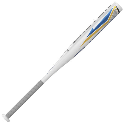 The 2022 Easton Ghost Youth -11 Fastpitch Softball Bat (FP22GHY11) features a white design with blue and gold barrel accents, a gray grip, and durable ALX50 aluminum. Ideal for fastpitch softball beginners; shown on a white background.