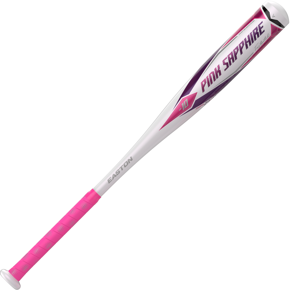 The 2023 Easton Pink Sapphire (-10) Fastpitch Softball Bat (FP22PSA) features a silver ALX50 Alloy barrel, pink grip, and striking accents—a standout design from Easton’s Diamond Gem collection.