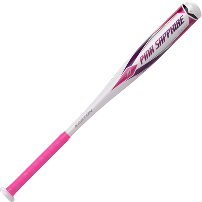 The 2023 Easton Pink Sapphire (-10) Fastpitch Softball Bat (FP22PSA) features a silver ALX50 Alloy barrel, pink grip, and striking accents—a standout design from Easton’s Diamond Gem collection.