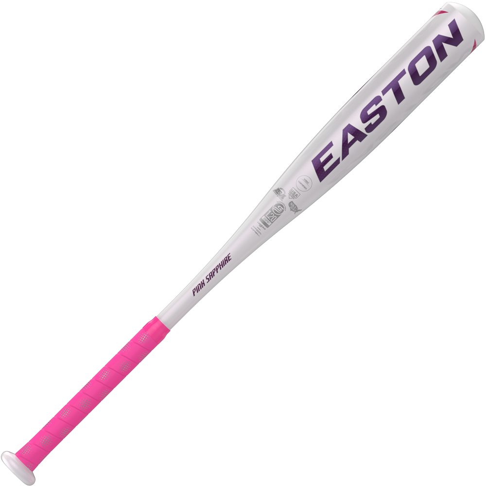 The 2023 Easton Pink Sapphire (-10) Fastpitch Softball Bat (FP22PSA) features a white and pink design, pink grip, purple lettering, and durable ALX50 Alloy construction. The model name "Pink Sapphire" appears on the barrel.