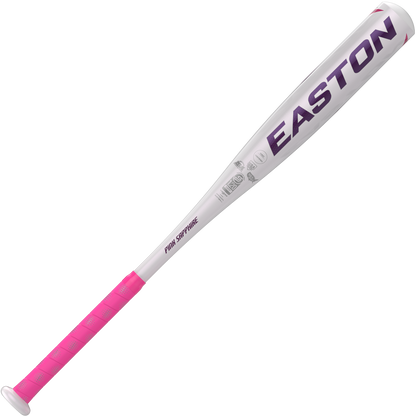 The 2023 Easton Pink Sapphire (-10) Fastpitch Softball Bat (FP22PSA) features a white and pink design, pink grip, purple lettering, and durable ALX50 Alloy construction. The model name "Pink Sapphire" appears on the barrel.