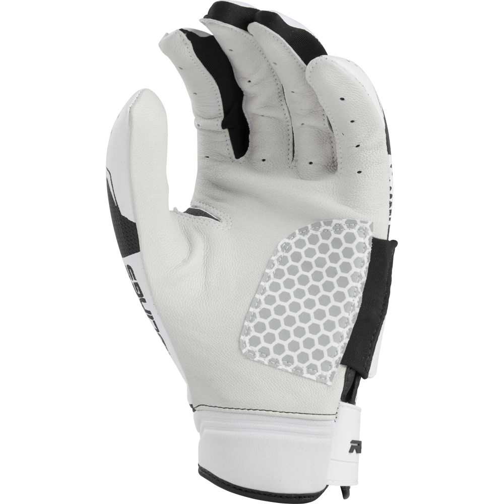 The Rawlings Workhorse Pro Women's Batting Gloves (FP2PBG) by Rawlings feature a white and black design, honeycomb-patterned grip, and IMPAX padding, with the palm facing forward and fingers slightly curled.