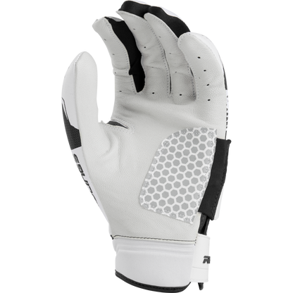 The Rawlings Workhorse Pro Women's Batting Gloves (FP2PBG) by Rawlings feature a white and black design, honeycomb-patterned grip, and IMPAX padding, with the palm facing forward and fingers slightly curled.