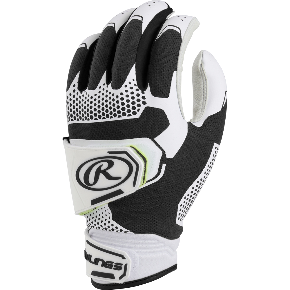 The Rawlings Workhorse Pro Women's Batting Gloves (FP2PBG) feature black and white design, visible wrist strap logo, IMPAX padding for protection, and a textured grip on the fingers and palm.