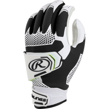 The Rawlings Workhorse Pro Women's Batting Gloves (FP2PBG) feature black and white design, visible wrist strap logo, IMPAX padding for protection, and a textured grip on the fingers and palm.