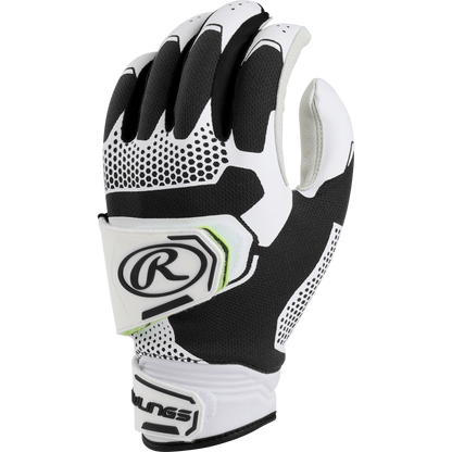 The Rawlings Workhorse Pro Women's Batting Gloves (FP2PBG) feature black and white design, visible wrist strap logo, IMPAX padding for protection, and a textured grip on the fingers and palm.