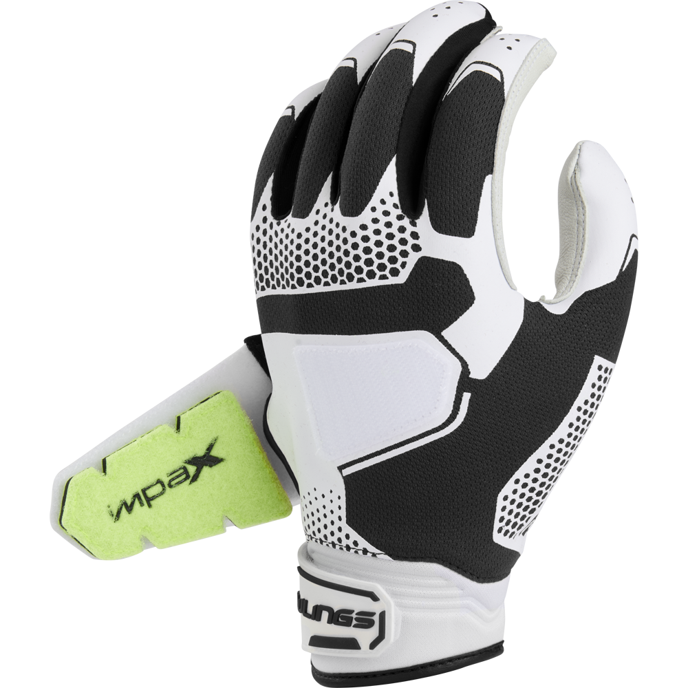 The Rawlings Workhorse Pro Women's Batting Gloves (FP2PBG) are black and white with IMPAX padding, a textured grip, raised knuckles, and a green Velcro IMPACT strap near the wrist.