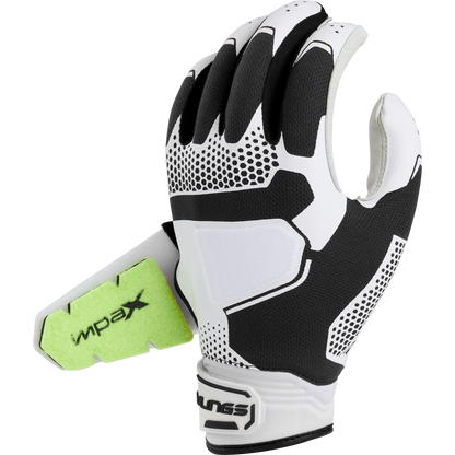 The Rawlings Workhorse Pro Women's Batting Gloves (FP2PBG) are black and white with IMPAX padding, a textured grip, raised knuckles, and a green Velcro IMPACT strap near the wrist.