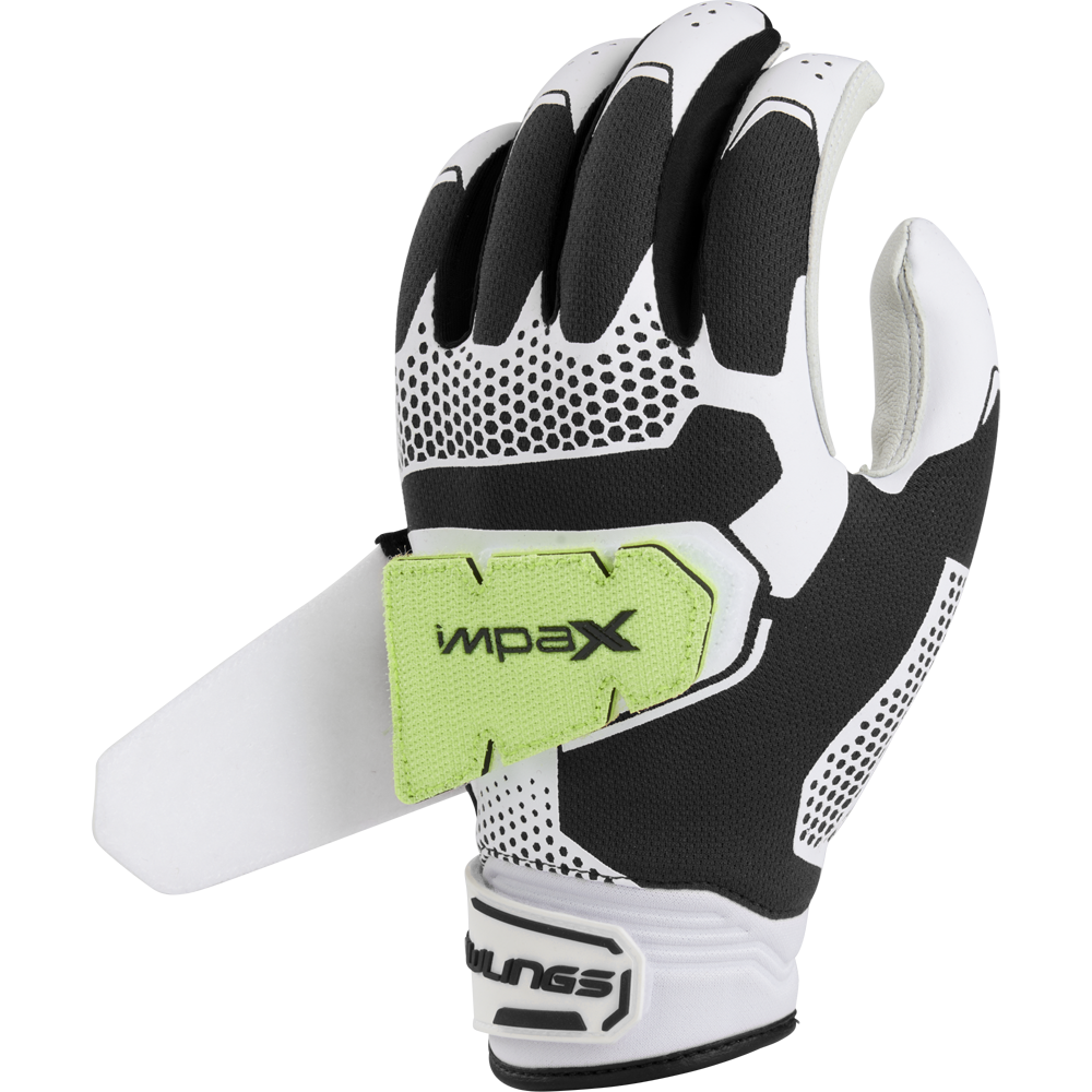 The Rawlings Workhorse Pro Women's Batting Gloves (FP2PBG) feature a black and white design with a green Velcro strap labeled IMPA X and IMPAX padding for extra hand protection—perfect for players needing advanced Rawlings batting gloves.