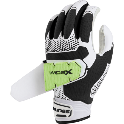 The Rawlings Workhorse Pro Women's Batting Gloves (FP2PBG) feature a black and white design with a green Velcro strap labeled IMPA X and IMPAX padding for extra hand protection—perfect for players needing advanced Rawlings batting gloves.