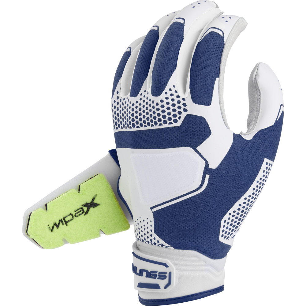 The Rawlings Workhorse Pro Women's Batting Gloves (FP2PBG) feature blue and white padding, IMPAX protection, and a green Xrd thumb pad, designed for hand protection in softball or baseball batting.