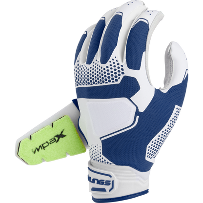 The Rawlings Workhorse Pro Women's Batting Gloves (FP2PBG) feature blue and white padding, IMPAX protection, and a green Xrd thumb pad, designed for hand protection in softball or baseball batting.