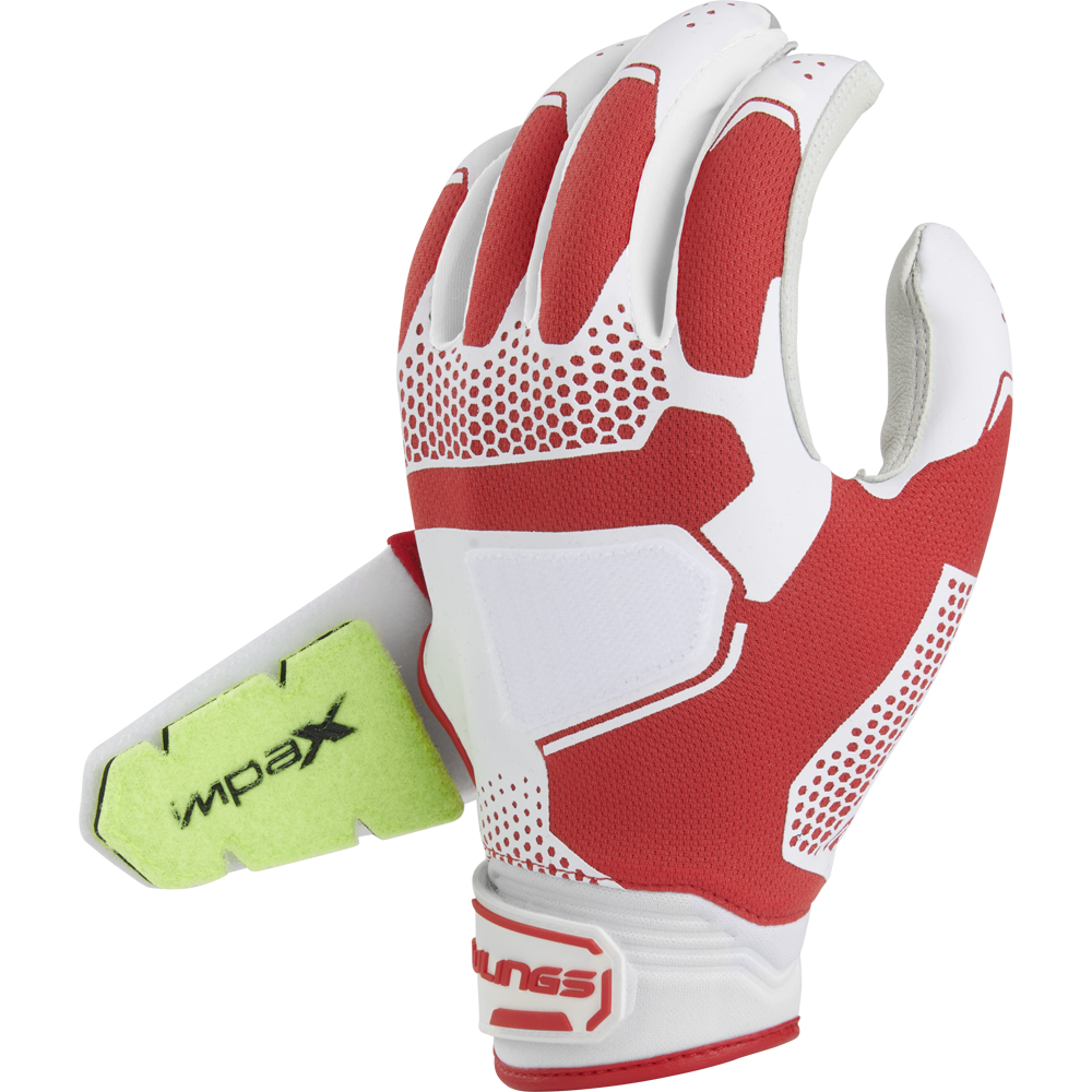 The Rawlings Workhorse Pro Women's Batting Gloves (FP2PBG) feature red and white colors, a textured grip, SULNS wrist strap, green IMPACT pad on the thumb, and IMPAX padding inspired by Rawlings batting gloves, shown on a white background.