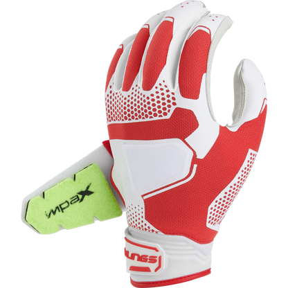The Rawlings Workhorse Pro Women's Batting Gloves (FP2PBG) feature red and white colors, a textured grip, SULNS wrist strap, green IMPACT pad on the thumb, and IMPAX padding inspired by Rawlings batting gloves, shown on a white background.