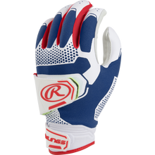The Rawlings Workhorse Pro Women's Batting Gloves (FP2PBG) feature IMPAX padding, a textured grip, and velcro wrist strap in blue, white, and red—shown on a white background.