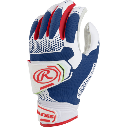 The Rawlings Workhorse Pro Women's Batting Gloves (FP2PBG) feature IMPAX padding, a textured grip, and velcro wrist strap in blue, white, and red—shown on a white background.