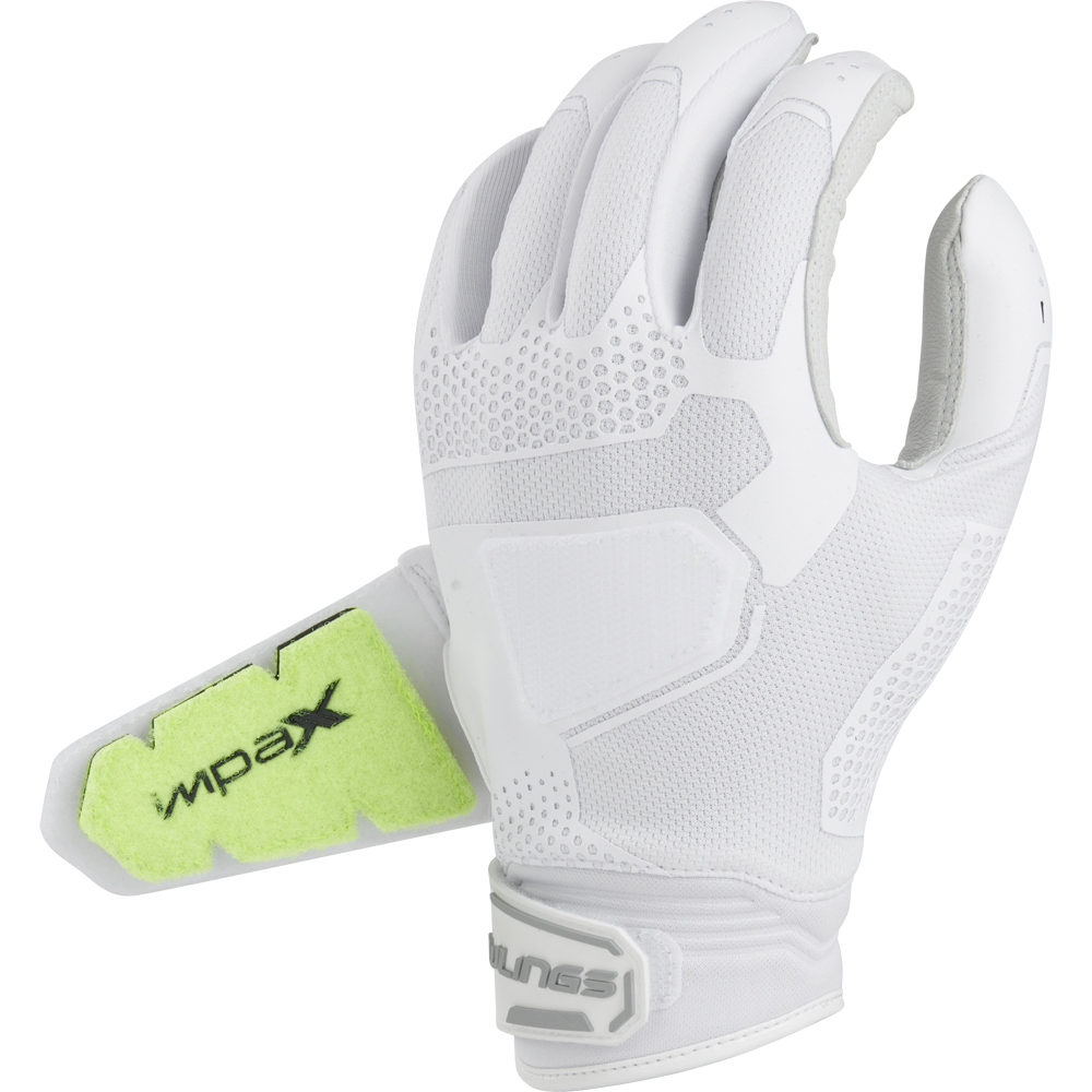 The Rawlings Workhorse Pro Women's Batting Gloves (FP2PBG) deliver comfort and style at the plate with textured grip, mesh ventilation, and a neon green wrist patch featuring black text.