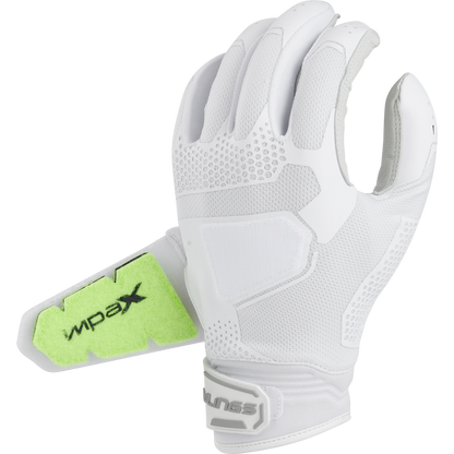 The Rawlings Workhorse Pro Women's Batting Gloves (FP2PBG) deliver comfort and style at the plate with textured grip, mesh ventilation, and a neon green wrist patch featuring black text.
