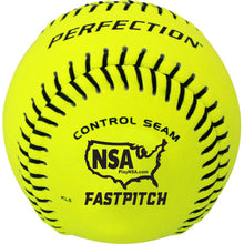 The Baden NSA Perfection 12" 47/375 Fastpitch Softball (FPN12) features a bright yellow Pro Leather cover, black stitching, and NSA approval, with "PERFECTION," "CONTROL SEAM," and the USA outline with PlayNSA.com on the ball.