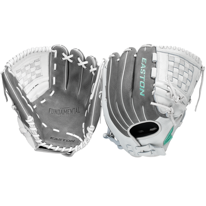 Two grey and white Easton Fundamental 12" Fastpitch Softball Gloves (FMFP12) are shown, one palm up showing "FUNDAMENTAL," the other "EASTON." Both feature oil-tanned cowhide leather, white laces, woven web, and an adjustable closure.
