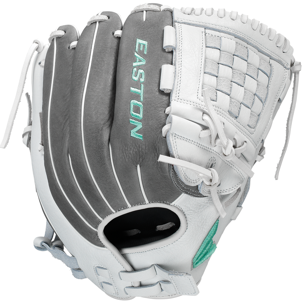 The Easton Fundamental 12" Fastpitch Softball Glove (FMFP12) features a white and gray design with light blue accents, a woven web, adjustable closure system, and durable oil-tanned cowhide leather for a customized fit.