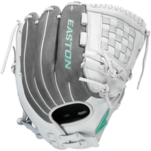 The Easton Fundamental 12" Fastpitch Softball Glove (FMFP12) features a white and gray design with light blue accents, a woven web, adjustable closure system, and durable oil-tanned cowhide leather for a customized fit.