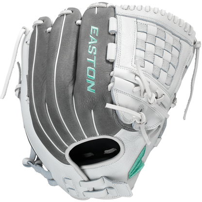 The Easton Fundamental 12" Fastpitch Softball Glove (FMFP12) features a white and gray design with light blue accents, a woven web, adjustable closure system, and durable oil-tanned cowhide leather for a customized fit.