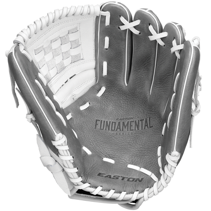 A close-up of the Easton Fundamental 12" Fastpitch Softball Glove (FMFP12) shows white laces, gray oil-tanned cowhide leather, and checkered webbing on the upper left side.