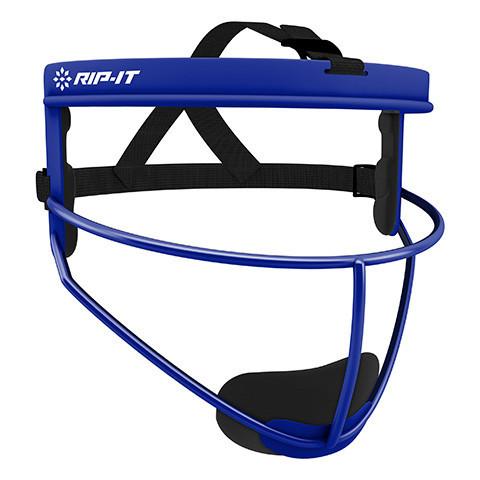 The Rip It Defense Pro Softball Fielder's Mask: DGBO by Rip It features a sturdy blue metal frame, adjustable black straps, and a black chin pad—an ideal choice for players seeking reliable protection on the field.