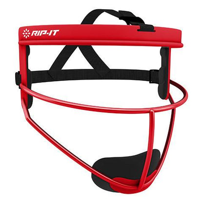The Rip It Defense Pro Softball Fielder’s Mask: DGBO by Rip It features red construction, black padding, and adjustable straps for face protection with maximum visibility and comfort on the field.