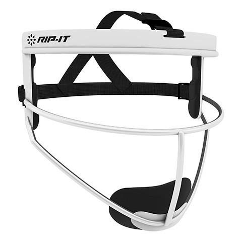 The Rip It Defense Pro Softball Fielder's Mask: DGBO features a white and black design, adjustable straps, padded chin guard, and metal face guard with the Rip It logo—ideal for softball players seeking reliable protection.