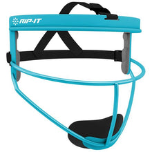 The Rip It Defense Softball Fielder's Mask (RIPDG) features a blue, lightweight design with a padded chin guard, adjustable black straps, and the Rip It logo in white—essential protective gear for any softball fielder.